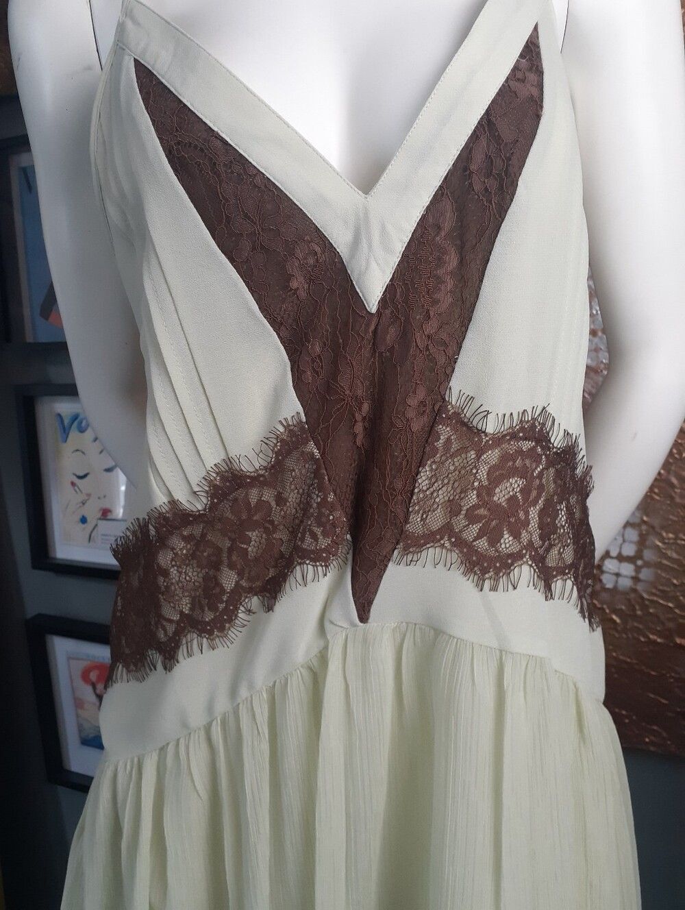 Zara Nwt Lace-Trim Chiffon Slip Dress in Pale Green and Chocolate Brown - Picture 15 of 16